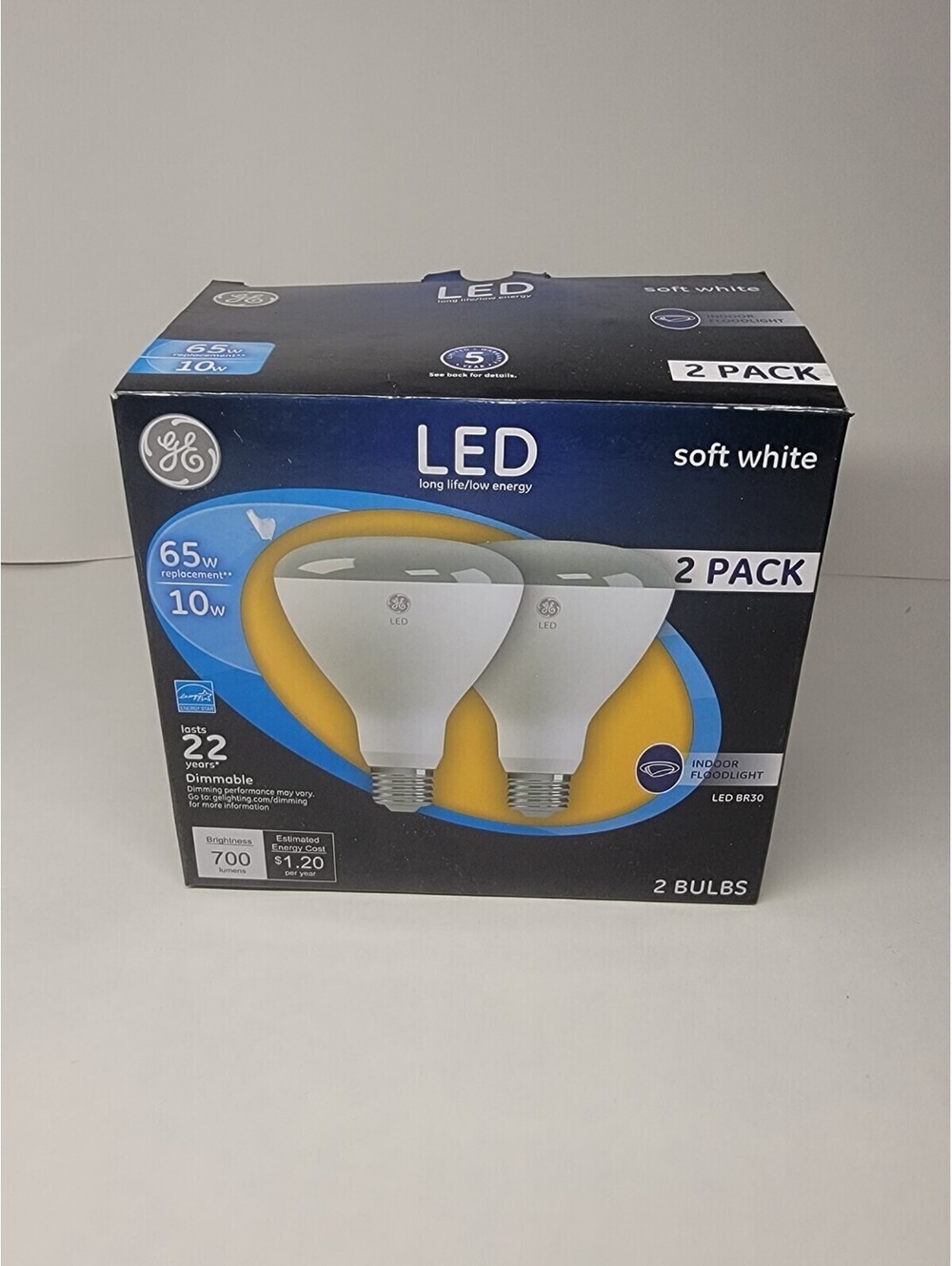 GE LED 65w 10W LED BR30 Soft White Indoor Floodlight Dimmable Light Bulb 2pk